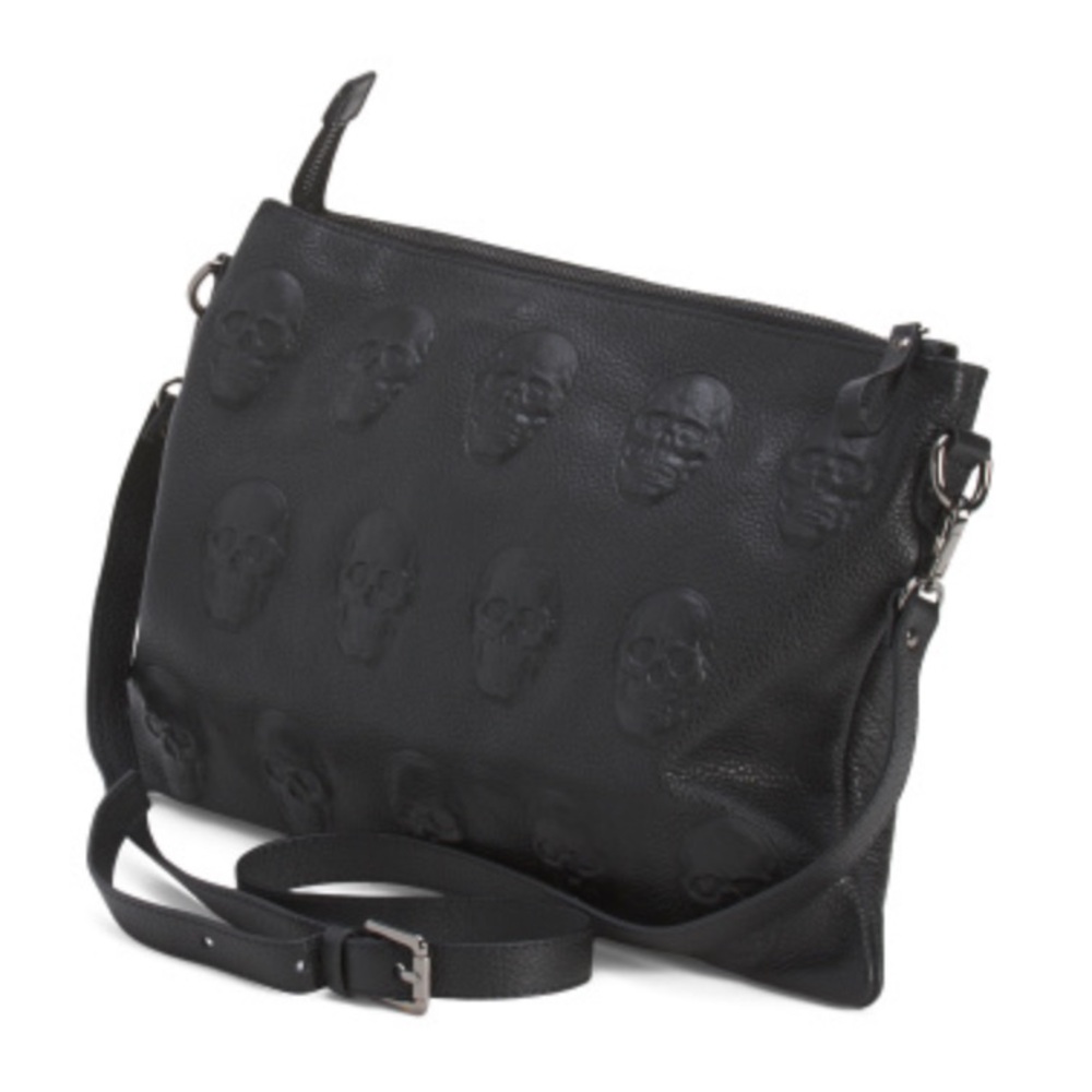 NWT IO PELLE Black Skull Embossed Leather Crossbody Bag